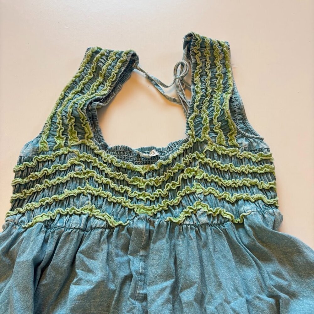 Oli and Hali Frilled Details Aqua Midi Dress Sleeveless Smocked Back Tie Pocket - Picture 6 of 14